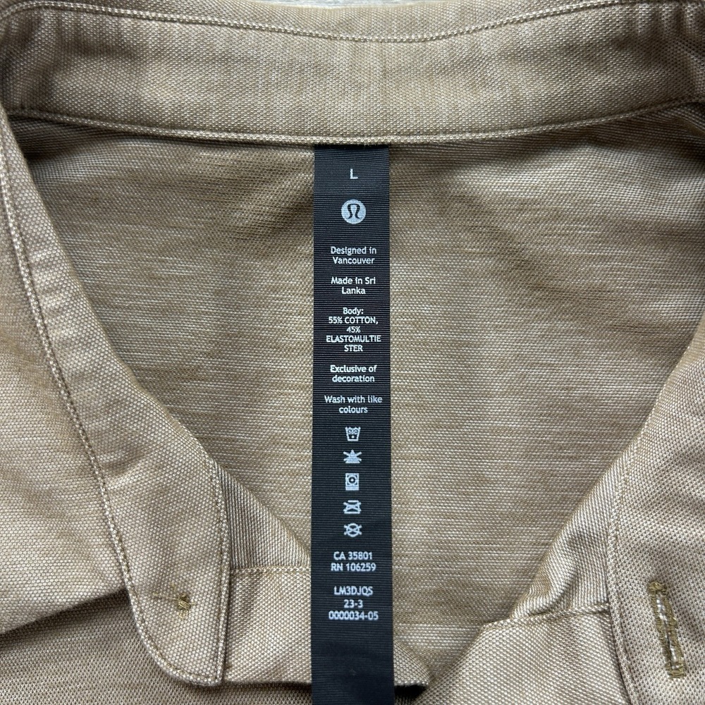 Lululemon Large Commission Long-Sleeve Shirt Pocket Mens Tan Four Way Stretch - Picture 5 of 9